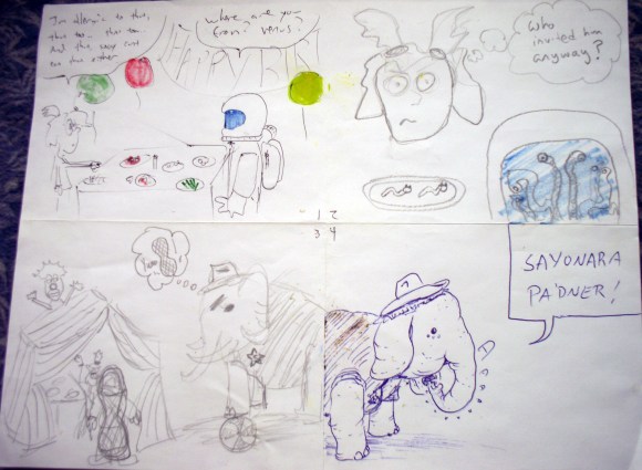 A dejected spaceman leaves a party. An Elephant thinks he looks like a peanut and so eats him.