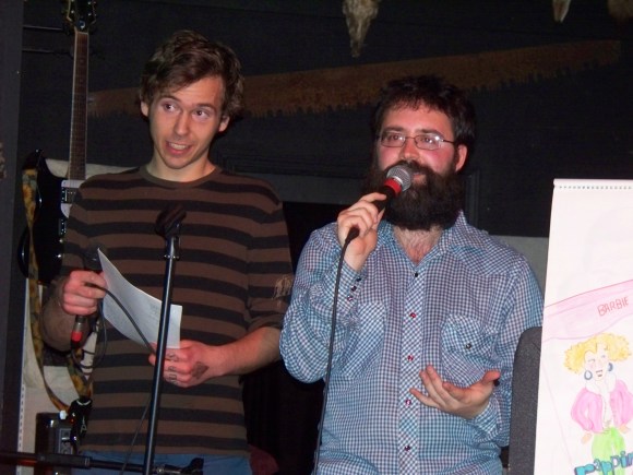 Me and a volunteer telling jokes at the horned hand