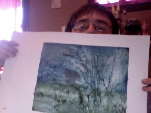 a color relief print, I put blue )straight out of the tub) on the top and mixed a green on the bottom